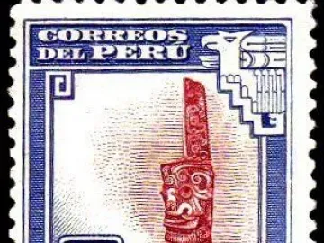 Illustration of the Lanzón monolith with carved face and swirling patterns on a Peruvian postage stamp.
