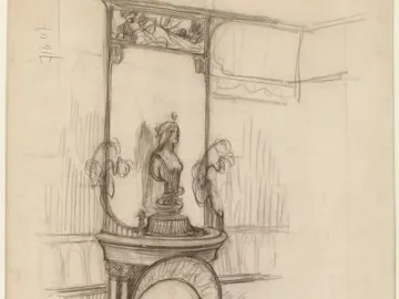 Pencil sketch of Nature, showing a crowned female bust on an ornate pedestal with decorative carved panels and flowing side elements.