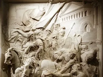Marble relief of Alexandre et Diogène showing a mounted figure, soldiers, a dog, and a seated bearded man before classical architecture.