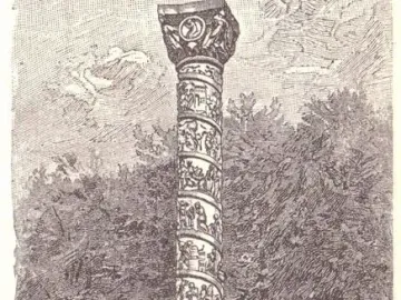 The Bernward Column shown as a tall spiral-relief column on a stepped square base with an inscription panel.