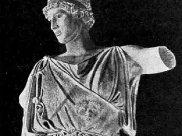 Athena Lemnia statue with draped robes, a gorgoneion on her chest, and missing arms