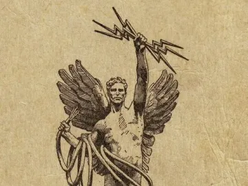 Spirit of Communication, a winged male figure standing on a globe with lightning bolts and coiled cables