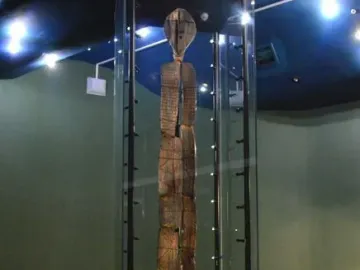 The Shigir Idol, a tall carved wooden figure displayed in a museum glass case.