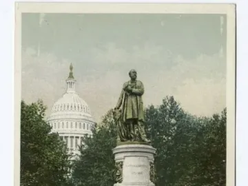 James A. Garfield Monument with a bronze statue on a tiered stone pedestal, surrounded by smaller bronze figures in a park with the U.S. Capitol dome in the background.