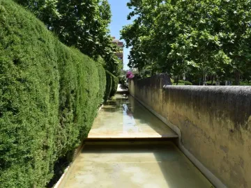 A narrow outdoor water channel with a wooden platform, bordered by a dense hedge and a stone wall.