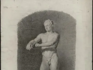 Monochrome drawing of the Apoxyomenos statue, showing a nude male figure scraping his right forearm with his left hand.