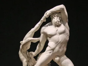 Antonio Canova’s Hercules and Lychas marble sculpture showing Hercules lifting Lychas overhead.