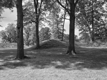 Grassy mounds at Newark Earthworks with large trees casting shadows in the foreground.