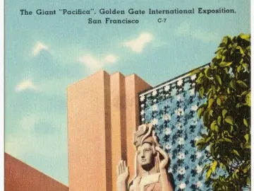 The Pacifica statue with raised hands stands beside a patterned wall and a multi-tiered building at the Golden Gate International Exposition.