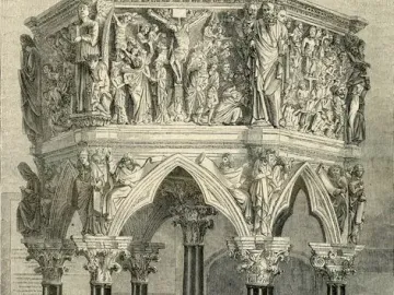 Black and white engraving of the Sant\' Andrea Pulpit, showing its octagonal carved upper level, gothic arches, and sculpted base with lions.
