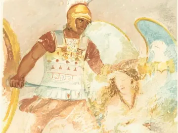 Painted scene from the Amazon Sarcophagus showing a warrior in a golden helmet confronting a winged figure with long hair.
