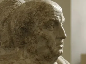 Double herm of Socrates and Seneca, with Seneca shown in profile and a second head partly visible behind him.