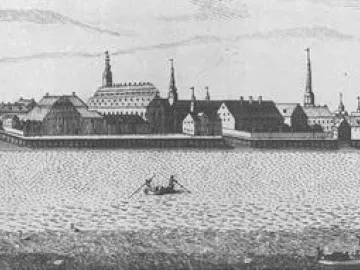 Engraving of Leda and the Swan atop a tall column above water, with swans nearby.