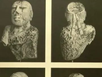 Four black-and-white views of the Priest-King statuette showing a bearded man with a serene expression, a forehead mark, and a patterned garment.