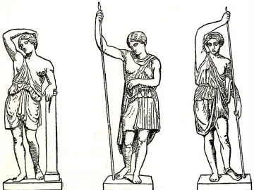 Three black-and-white drawings of classical Amazon statues, including two standing figures with spears and one leaning with a hand to her head.