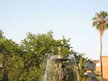 The Three Graces Fountain with a classical sculpture on top, spraying water in a landscaped roundabout.