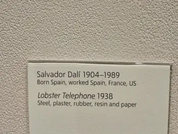 Information label for Lobster Telephone by Salvador Dalí mounted on a wall.