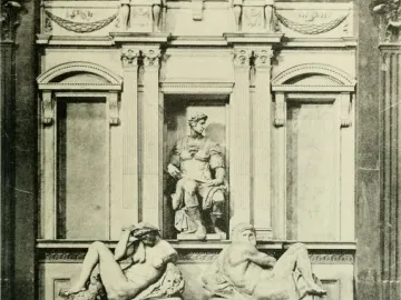 Tomb of Giuliano de\' Medici with a seated armored figure in a central niche and two reclining nude figures below.