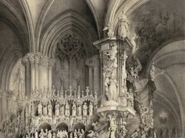 The Transparente altar in Toledo Cathedral, shown as a highly ornate altarpiece beneath a vaulted ceiling with a crowd gathered below.