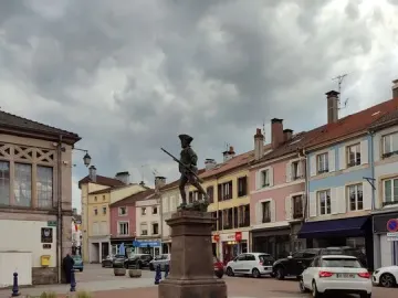 The Statue of the Volunteer of 1792 on a stone pedestal in a cobblestone plaza, with buildings and parked cars nearby.