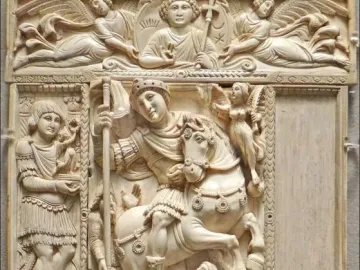 Barberini Ivory carved ivory panel with a mounted central emperor, winged figure above, and smaller surrounding scenes.