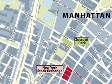 Map of lower Manhattan showing The Sphere marked with a red circle near Battery Park.