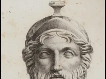 Monochrome engraving of the bust of Miltiades wearing a Corinthian helmet.
