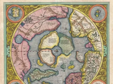 A detailed hand-colored antique Arctic map with circular projection and inset maps.