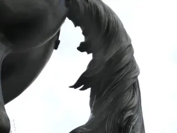 Close-up of the tail detail on the William III equestrian statue, seen against a bright sky.