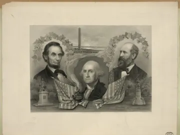 Allegorical print featuring portraits of Abraham Lincoln and George Washington, with the Washington Monument and a small Emancipation Memorial statue near the bottom.