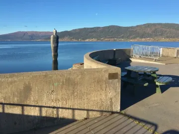 Havmannen sculpture partially submerged in calm fjord water, with a bird perched on its head.