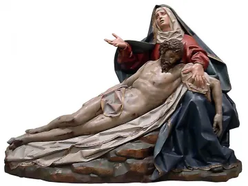 Pietà sculpture in polychrome wood showing the Virgin Mary supporting the lifeless body of Christ.