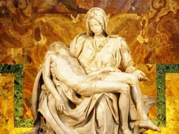 Michelangelo\'s Pietà, a white marble sculpture of the Virgin Mary cradling the body of Christ.
