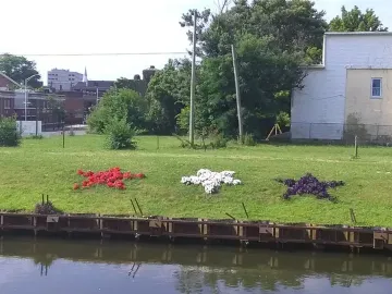 Star-shaped flowerbeds in red, white, and purple on a grassy bank above the water, with buildings and trees in the background.