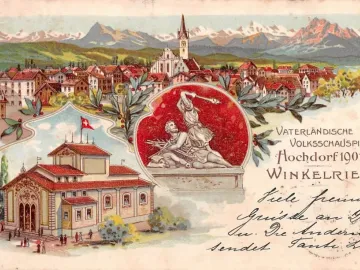 Winkelried Memorial shown as a stone relief with two figures, framed by a red oval and laurel wreath.