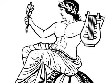 A black-and-white line drawing of a muscular man wearing a laurel wreath, holding a sprig of leaves and a lyre while seated on a decorated Omphalos.