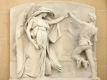 Death and the Sculptor marble relief showing a winged female figure restraining a sculptor beside a bust.