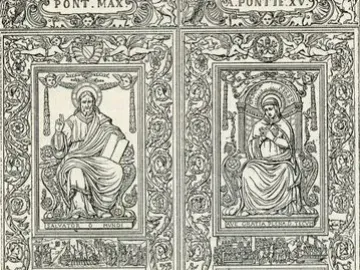 Filarete Door with two bronze panels filled with framed religious scenes, figures of Christ and saints, and decorative borders.