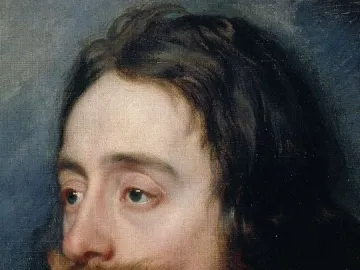 Bust of King Charles I with long wavy hair, a mustache, and a pointed goatee, wearing a lace collar and pearl earring.