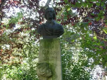 Frédéric Chopin bust on a weathered stone pillar surrounded by green foliage.