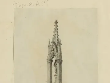 Monochrome ink sketch of the Fontaine de la Vierge, a Gothic monument with a tall ornate structure and small figures at the base.