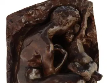 Young Mother in the Grotto by Auguste Rodin, a bronze sculpture of a crouching nude woman with a small child beside her.