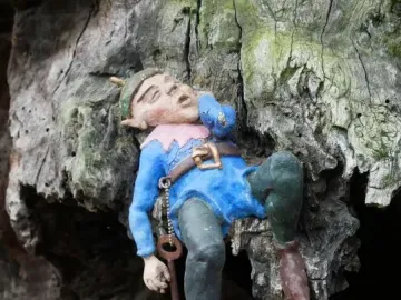 Sleeping gnome sculpture on the Elfin Oak, dressed in blue and green and holding a key against a weathered tree trunk.
