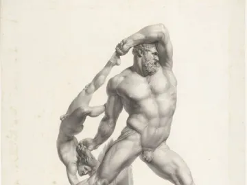Engraving of Hercules and Lychas showing a muscular Hercules lifting a smaller figure by the limb above a rocky base.