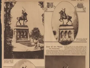 Newspaper page showing four prize-winning photographs of the Joan of Arc equestrian statue.