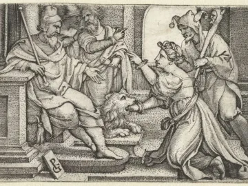 Engraving of a woman kneeling before a seated ruler and placing her hand in a lion\'s mouth, with a jester and another man watching.