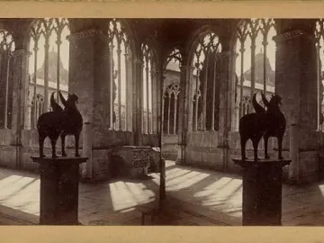 Stereoscopic view of the Pisa Griffin silhouetted on a pedestal inside a sunlit hall with tall arched windows.