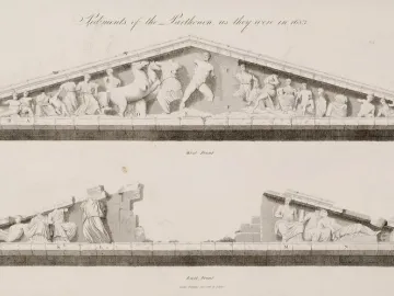 Line drawings of the Parthenon pediments, showing one largely intact pediment and one heavily damaged pediment with fragmented figures.