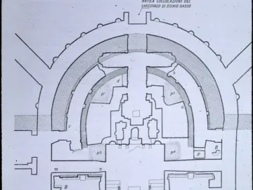 Architectural floor plan showing the location of the Sarcophagus of Junius Bassus within an ancient structure.