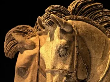 Two sculpted horse heads from the Winged Horses of Tarquinia, with detailed manes and bridles.
